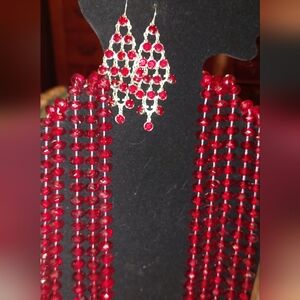 Vintage 10 Strand Red Beaded Necklace and Earring Set